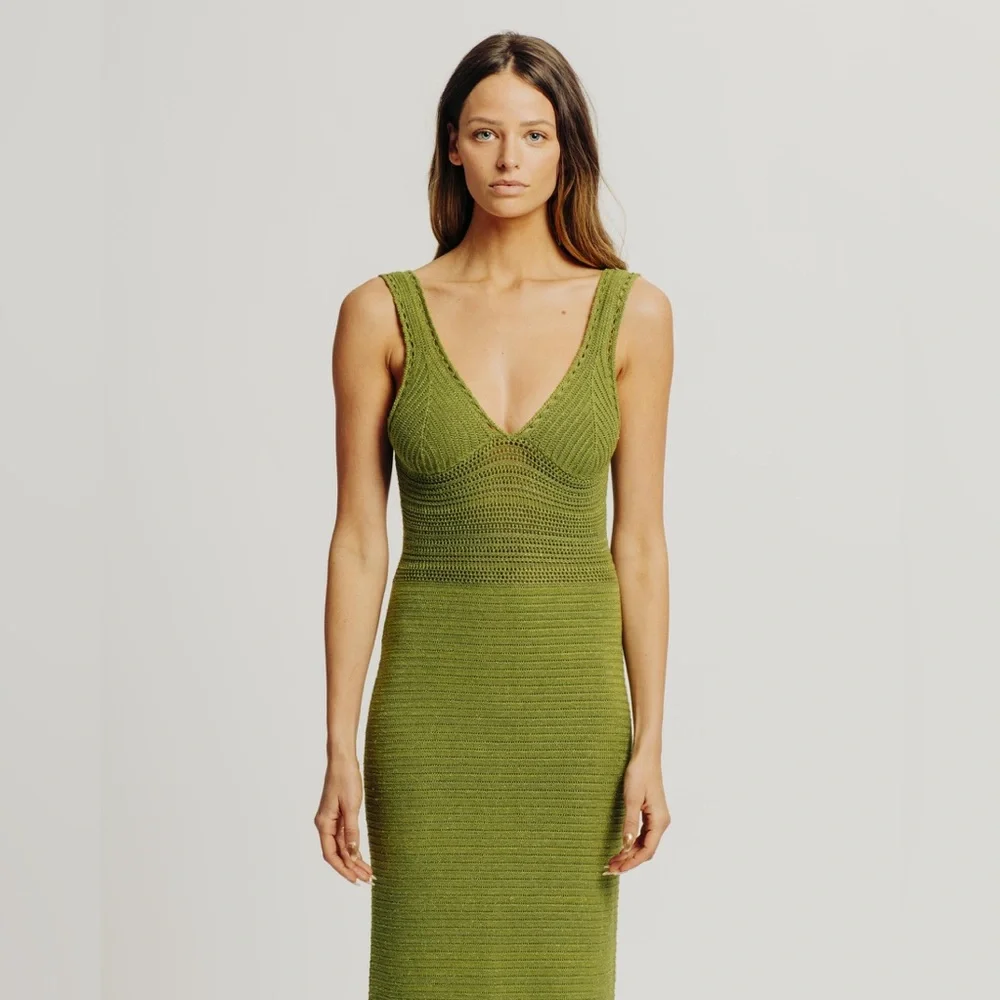 NWT Torn by Ronnie Kobo Madi Metallic Green Crochet Knit Maxi Dress Size Large - Picture 2 of 11